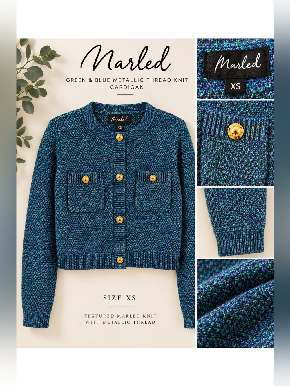 Marled Green and Blue Metallic Thread Knit Goldtone Button Cardigan, Size XS